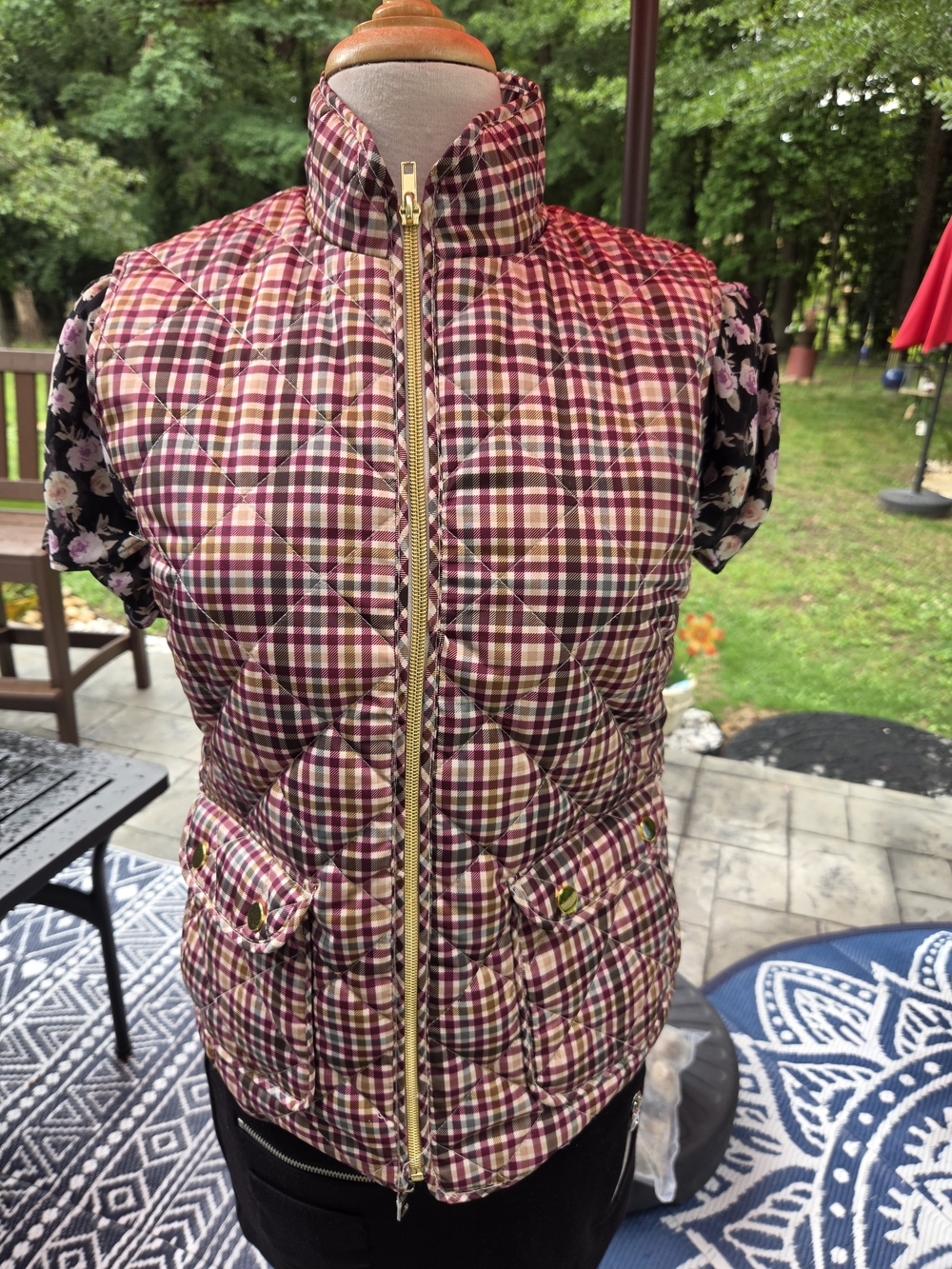 St. John's Bay Quilted Plaid Vest in Burgundy and Cream with Gold Zipper